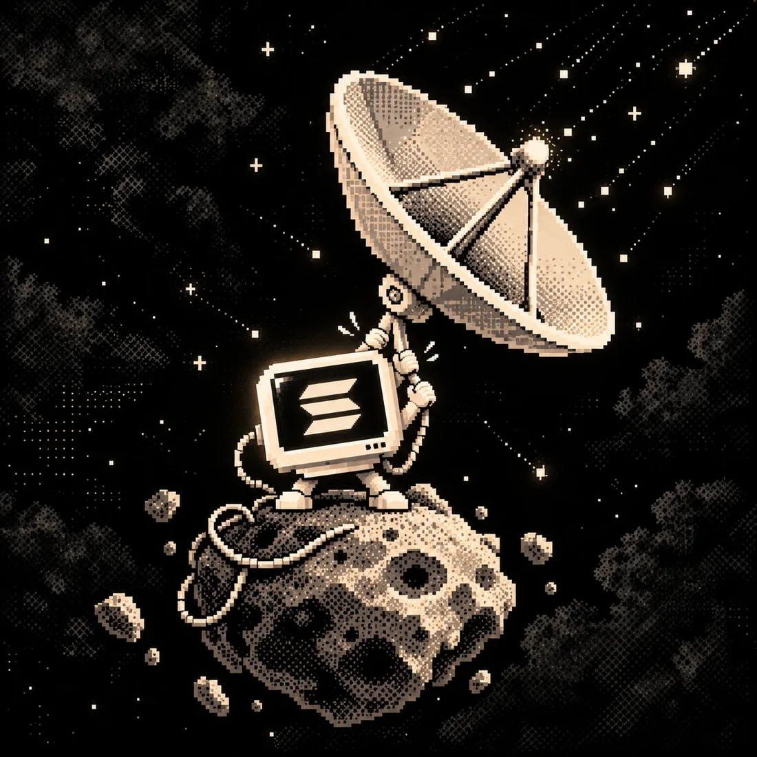 The pixel monitor standing on an asteroid, holding up a satellite dish taller than itself