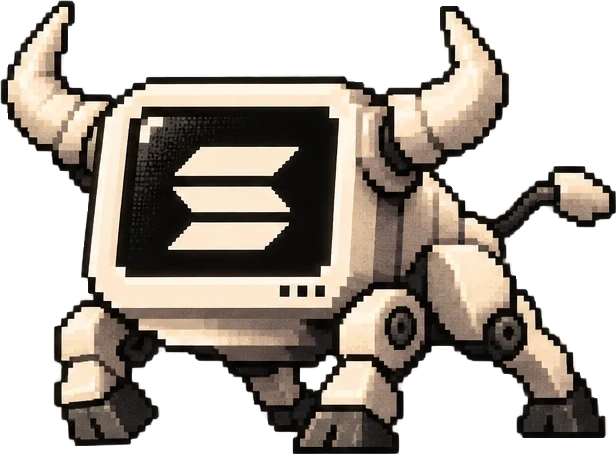The pixel monitor as a horned bull, head down, charging